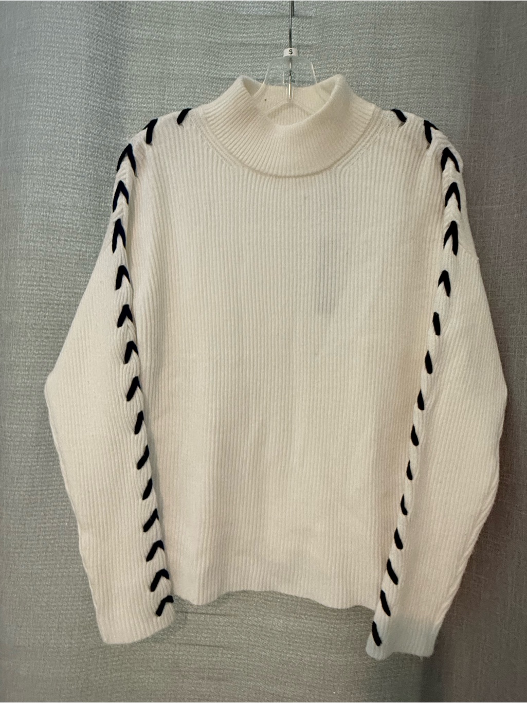 Tahari Viscose Blend Cream Turtleneck Sweater With Black Lace-Up Sleeve Detail
